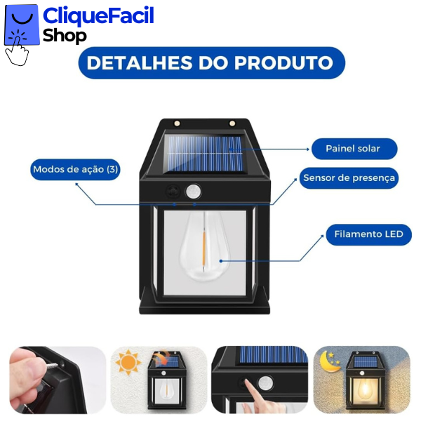 Kit 10 Luminária Solar Arandela Vintage Com Sensor e Acendimento Automático