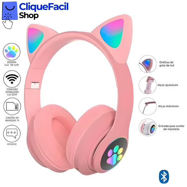 Fone Bluetooth Orelha De Gato Led Colorido (Rosa)