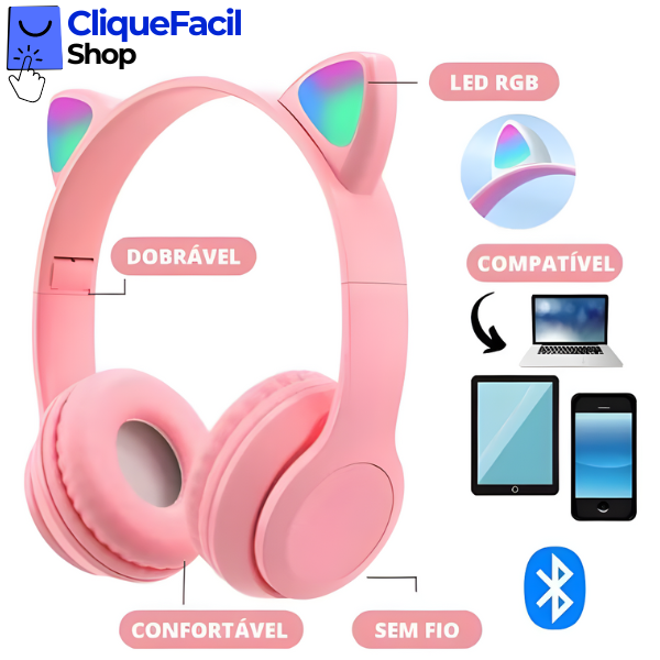 Fone Bluetooth Orelha De Gato Led Colorido (Rosa)