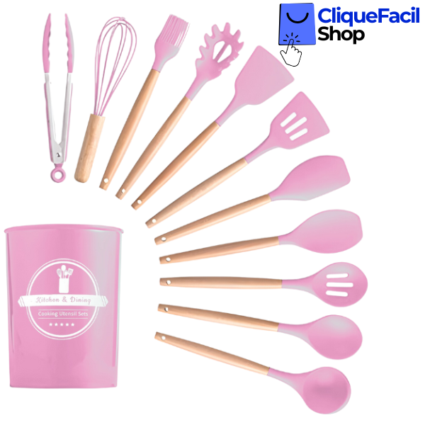 Kit Utensílios Cozinha 12 Peças Silicone Antiaderente (Rosa)