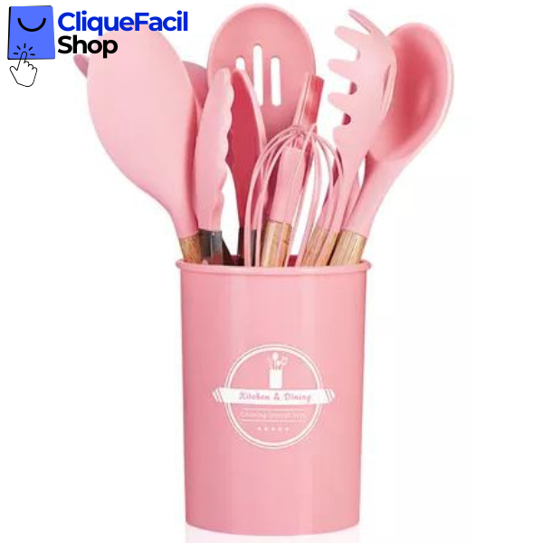 Kit Utensílios Cozinha 12 Peças Silicone Antiaderente (Rosa)