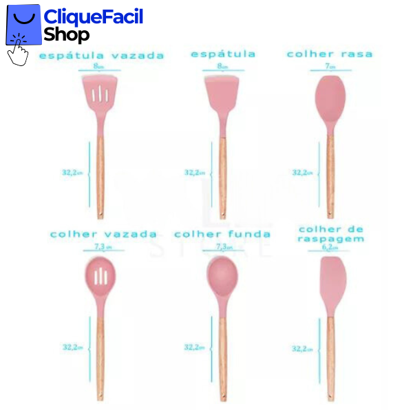 Kit Utensílios Cozinha 12 Peças Silicone Antiaderente (Rosa)