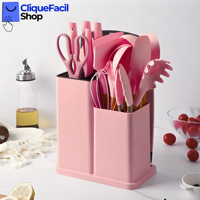 Kit Utensílios de Cozinha Jogo Completo 19 Peças (Rosa)