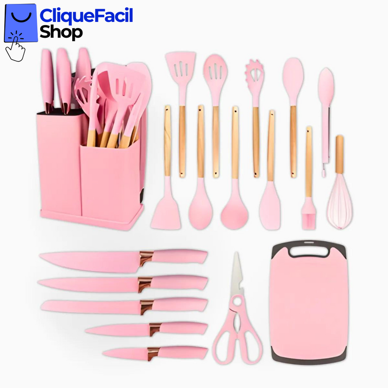 Kit Utensílios de Cozinha Jogo Completo 19 Peças (Rosa)