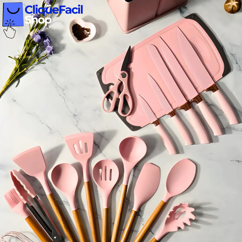 Kit Utensílios de Cozinha Jogo Completo 19 Peças (Rosa)