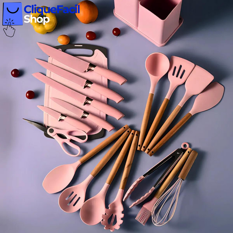 Kit Utensílios de Cozinha Jogo Completo 19 Peças (Rosa)