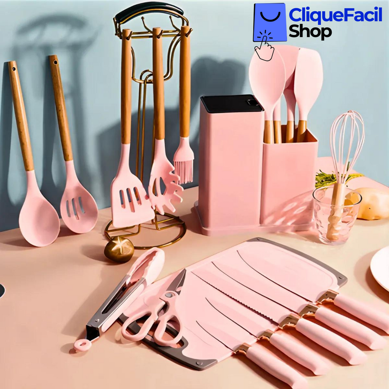 Kit Utensílios de Cozinha Jogo Completo 19 Peças (Rosa)