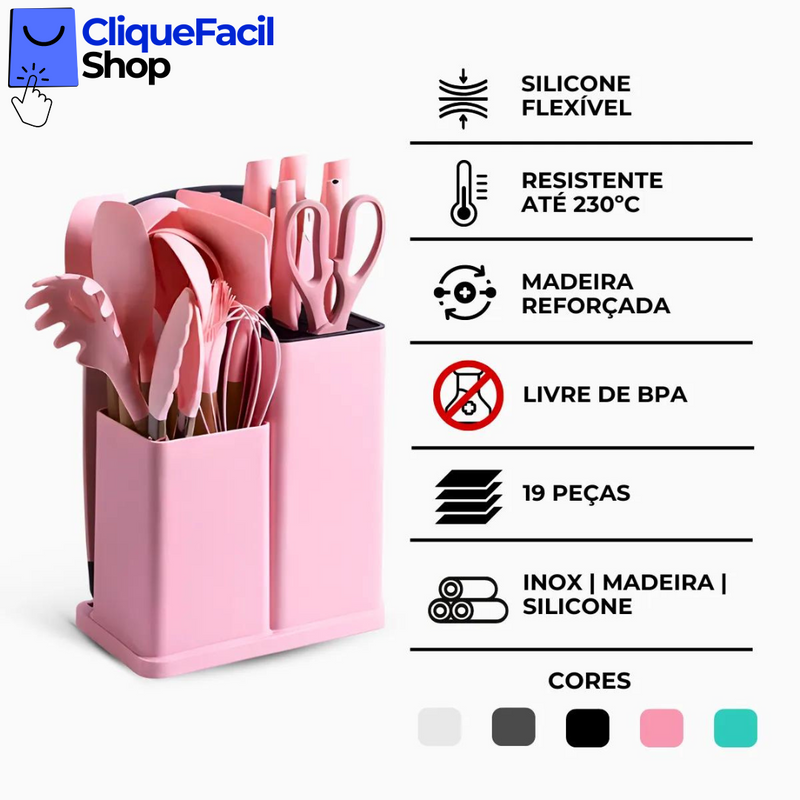 Kit Utensílios de Cozinha Jogo Completo 19 Peças (Rosa)