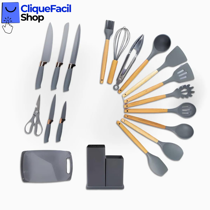 Kit Utensílios de Cozinha Jogo Completo 19 Peças (Cinza)