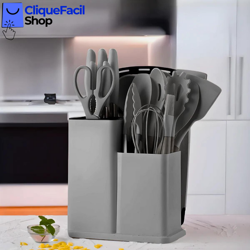 Kit Utensílios de Cozinha Jogo Completo 19 Peças (Cinza)