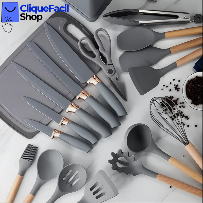 Kit Utensílios de Cozinha Jogo Completo 19 Peças (Cinza)