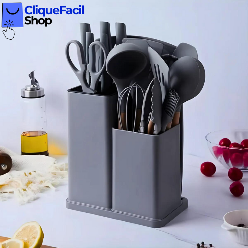 Kit Utensílios de Cozinha Jogo Completo 19 Peças (Cinza)