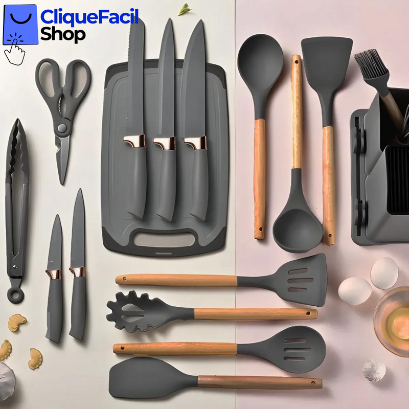 Kit Utensílios de Cozinha Jogo Completo 19 Peças (Cinza)