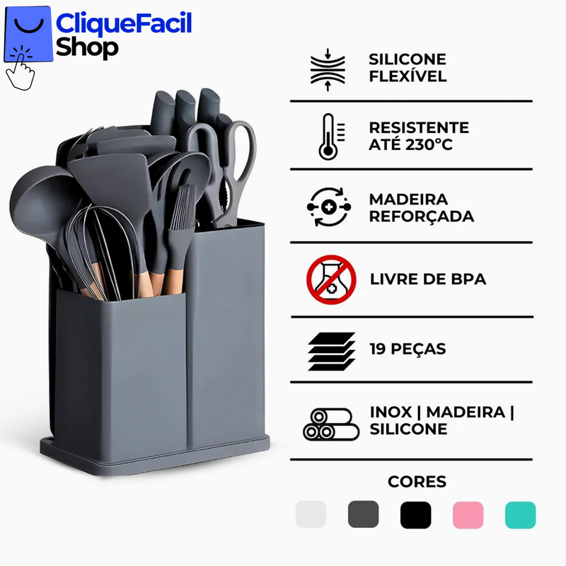 Kit Utensílios de Cozinha Jogo Completo 19 Peças (Cinza)