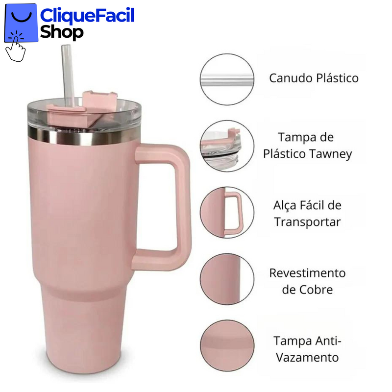 Copo Térmico Grande 1200 Ml Canudo Rosa Claro