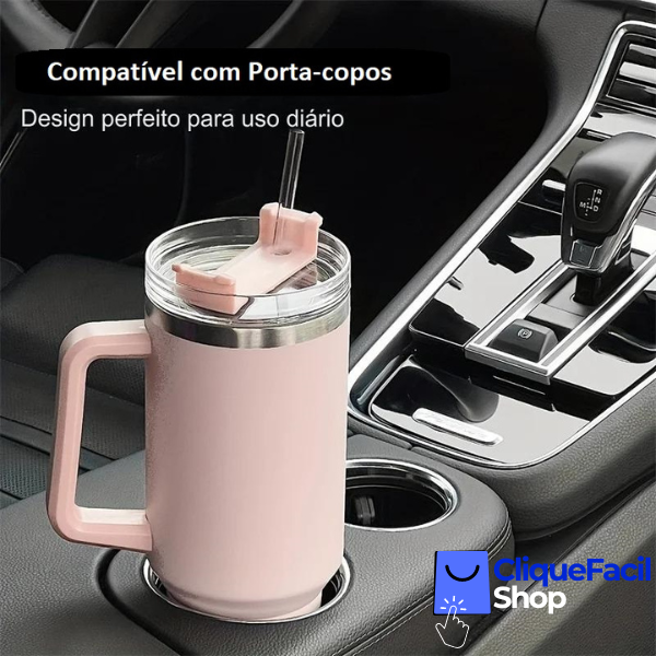 Copo Térmico Grande 1200 Ml Canudo Parede Dupla Beje