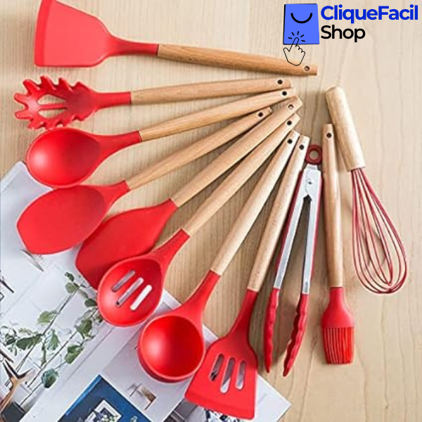 Kit Utensílios Cozinha 12 Peças Silicone Antiaderente (Vermelho)