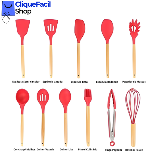 Kit Utensílios Cozinha 12 Peças Silicone Antiaderente (Vermelho)