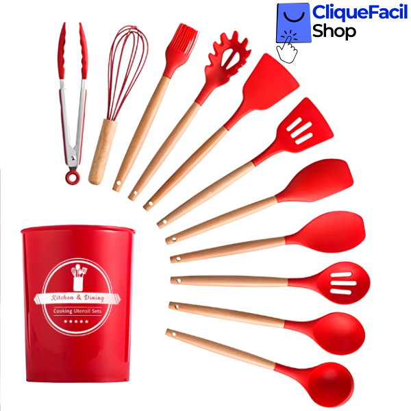 Kit Utensílios Cozinha 12 Peças Silicone Antiaderente (Vermelho)