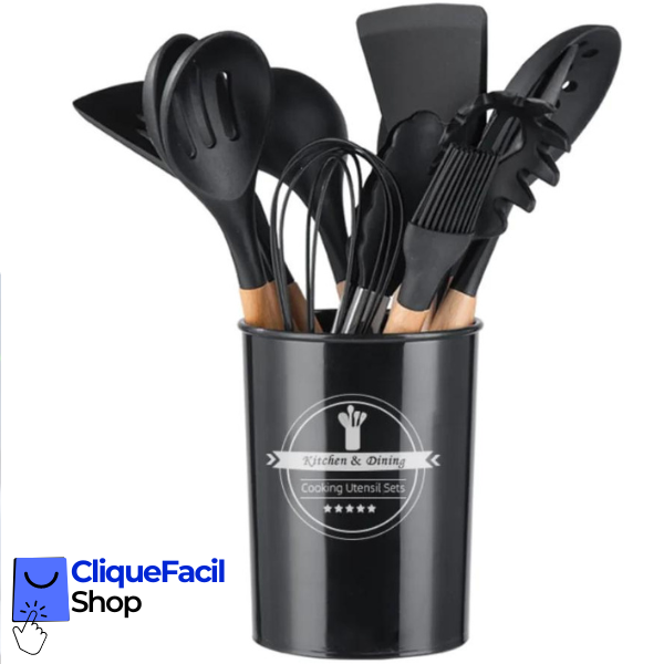 Kit Utensílios Cozinha 12 Peças Silicone Antiaderente (Preto)