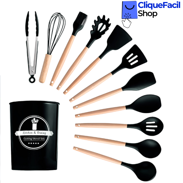 Kit Utensílios Cozinha 12 Peças Silicone Antiaderente (Preto)