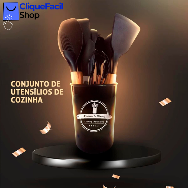 Kit Utensílios Cozinha 12 Peças Silicone Antiaderente (Preto)