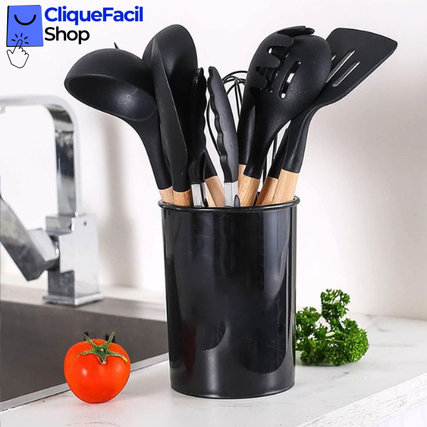 Kit Utensílios Cozinha 12 Peças Silicone Antiaderente (Preto)