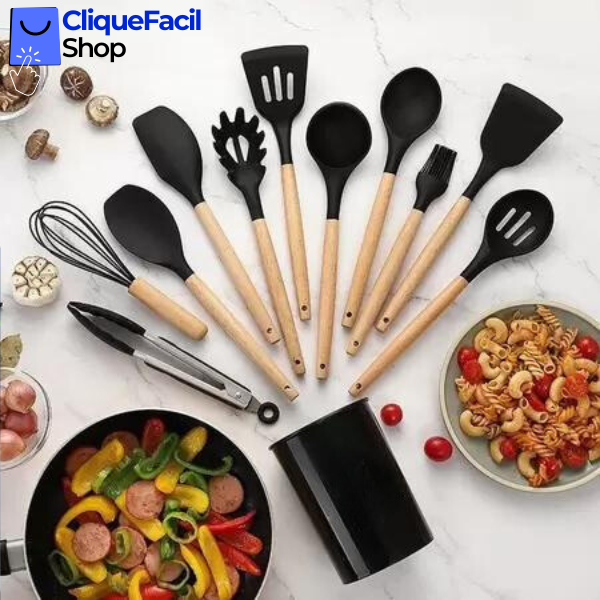 Kit Utensílios Cozinha 12 Peças Silicone Antiaderente (Preto)