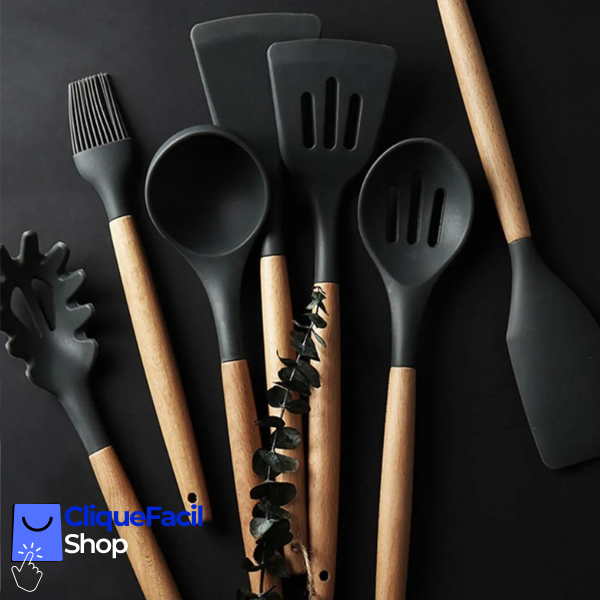 Kit Utensílios Cozinha 12 Peças Silicone Antiaderente (Preto)