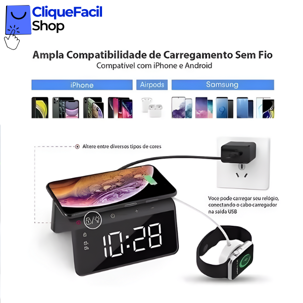 Carregador Indução + Relógio Despertador (Preto)