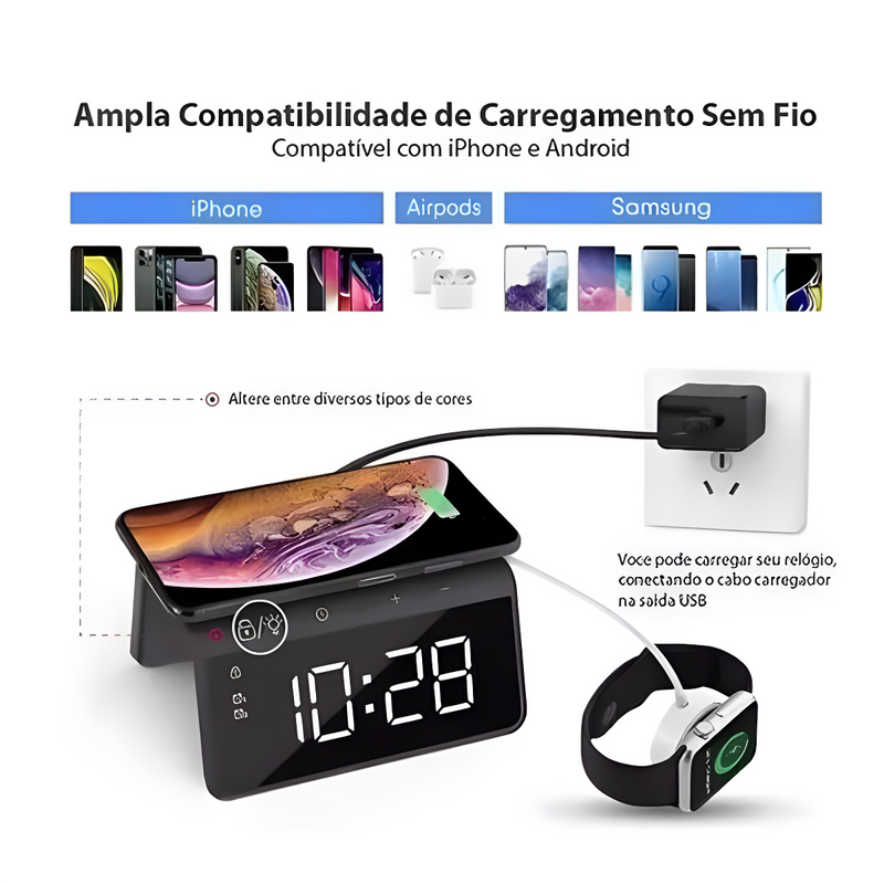 Carregador Indução + Relógio Despertador (Branco)